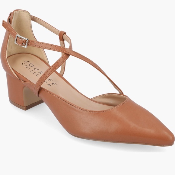 Journee Collection Tan Block Heel Pointed Toe Heels with Crisscross Straps - Picture 1 of 11